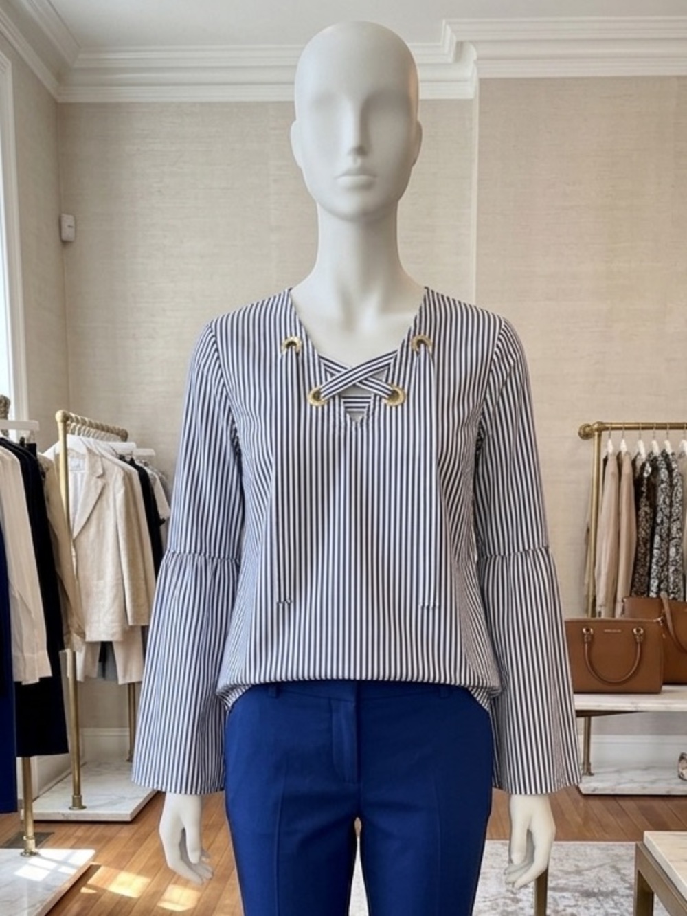 Michael Kors Navy and White Striped V-Neck Blouse with Grommet Tie